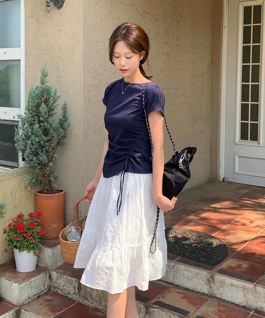 Tudument Eyelet Ribbon Midi Skirt_White