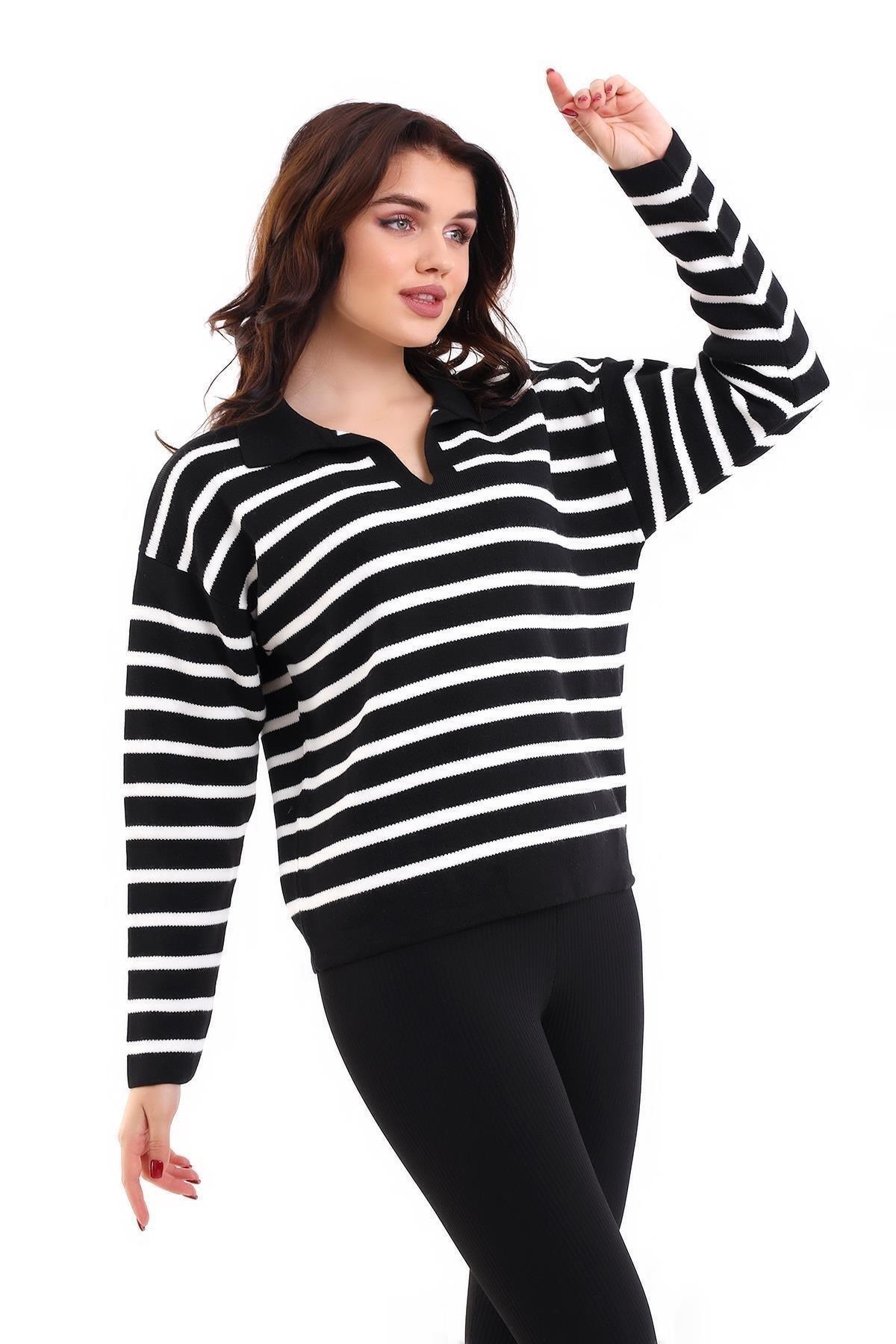 

Женский полосатый трендовый свитер с воротником-поло, Вязаный свитер в полоску, Свитер с воротником-поло, Женский вязаный свитер STANDART белый/чёрный