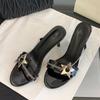 Elegant Round Open Toe Mules Thin High Heels Slippers Sandals Fashion Metal Chain Designer Slides Women Party Prom Shoes