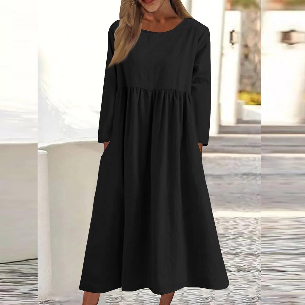 Women's Casual -neck Color Change Mid-length Dress Long-sleeved Dress With Pocket