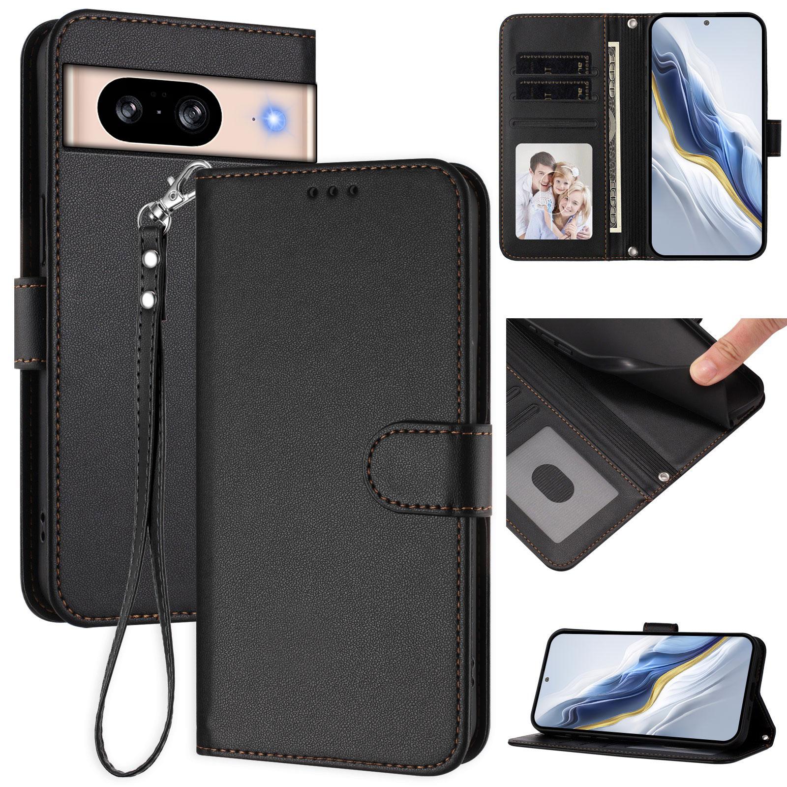 

For Google Pixel 8 Leather Case Wallet Stand Phone Cover with Wrist Strap Blue