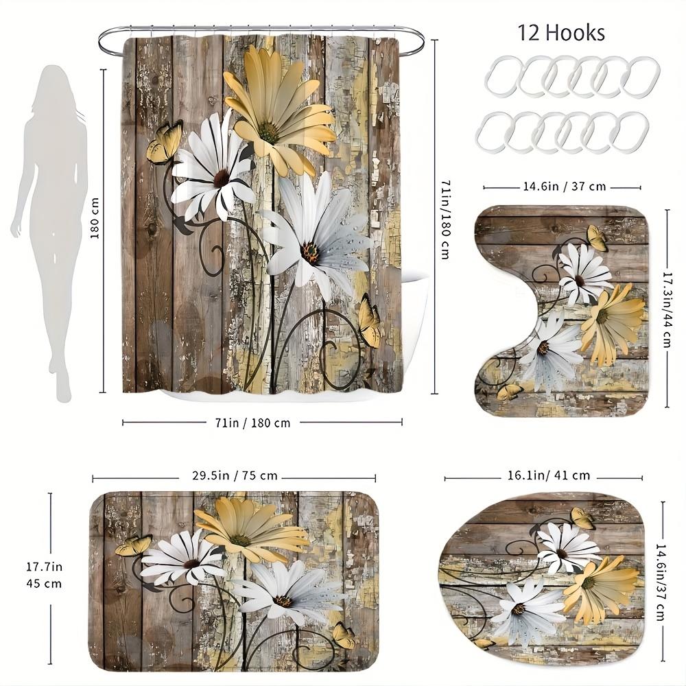 4Pcs Beautiful Flowers Pattern Shower Curtain Set with Non-Slip Bath Mat, Toilet Lid Cover, Contour Rug & 12 Hooks, Bathroom Decor