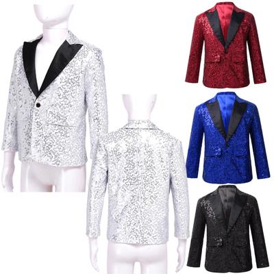 Children Boys Sparkling Sequins Blazer Jacket Wedding Evening Party Dance One Button Formal Suit