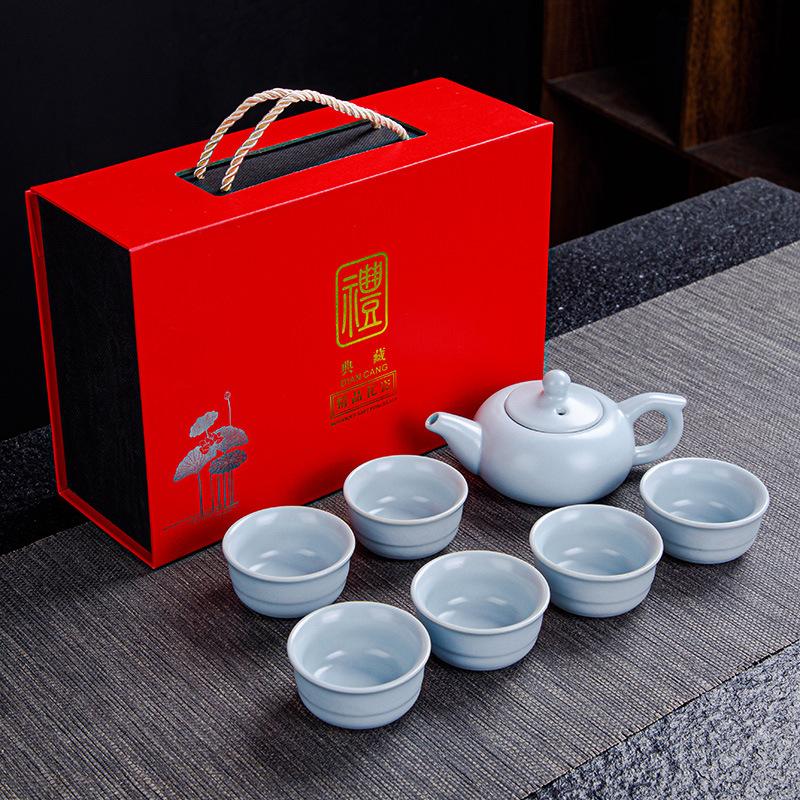 Ceramic Kung Fu Tea Set Gift Business Gift Set Ge Kiln Ru Kiln One Pot Six Cup Gift Box Ice Cracked Glaze