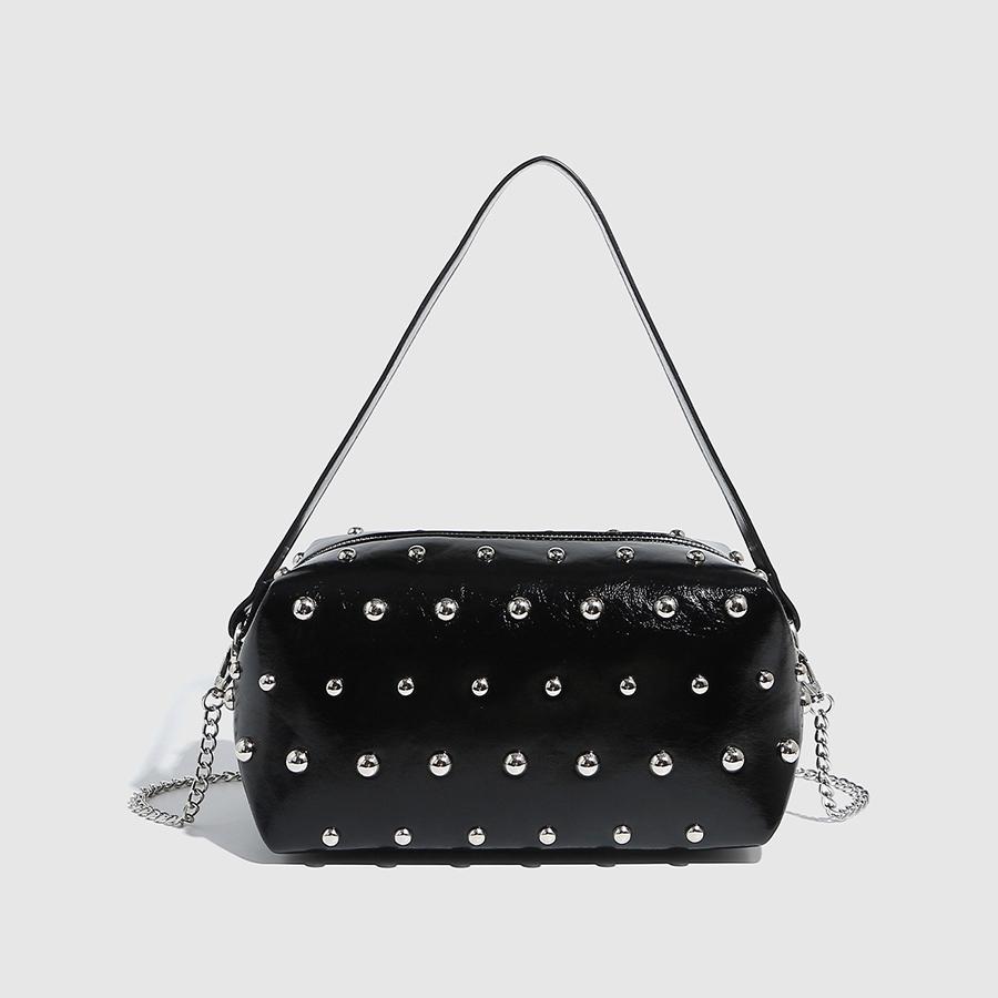 

New mushroom nail zip handbag women pu leather chain single-shoulder crossbody bag fashi tote bag bowling girls bag black sac чорний