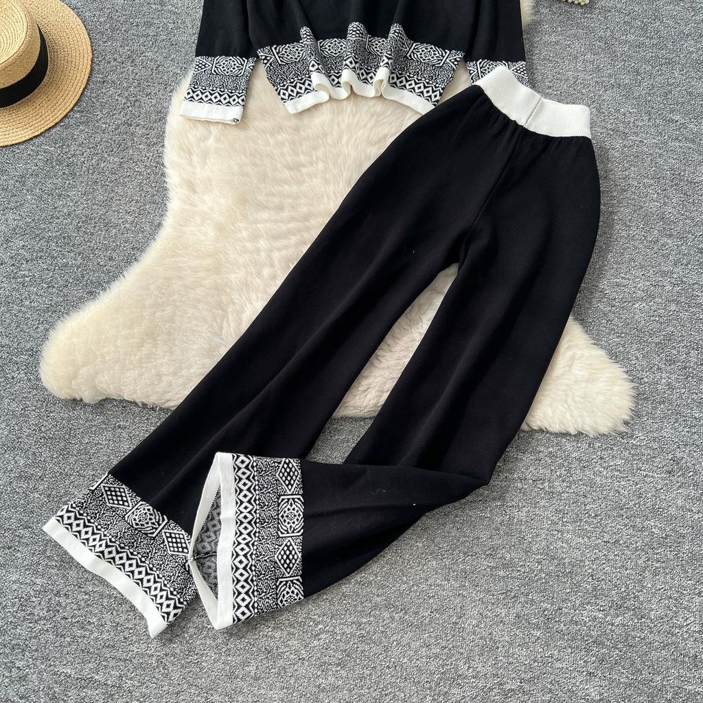 Autumn Winter Women Vintage Jacquard Knitted Sweater Trouser Two Piece Set Full Sleeve Pullover Tops and Wide Leg Pant Tracksuit