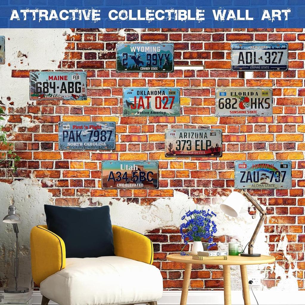 12 Pieces Vintage State License Plates for Decoration Tin Signs Vintage US State Number Tags Metal Automotive Sign for Man Cave Garage Bar Home Wall