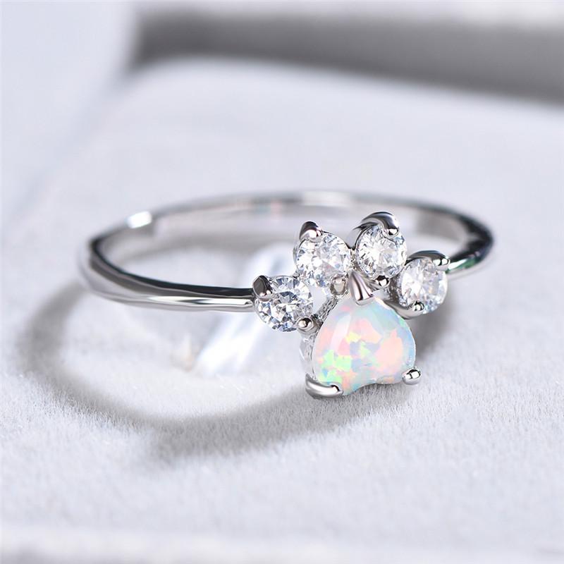 Cute Female Small Blue White Fire Opal Stone Ring  Vintage Dog Cat Paw Claw Heart Wedding Jewelry For Women