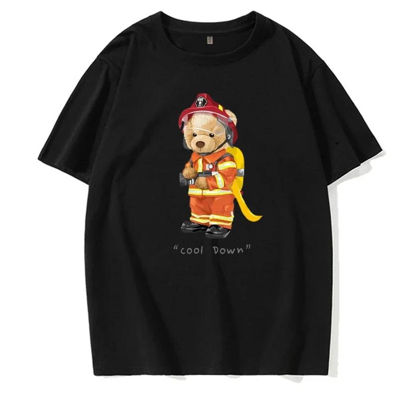 Firefighter Teddy Bear Cool Letter Pattern T-shirt Creative Unisex Street Clothing Top Summer Men's Clothing Fashion T-shirt