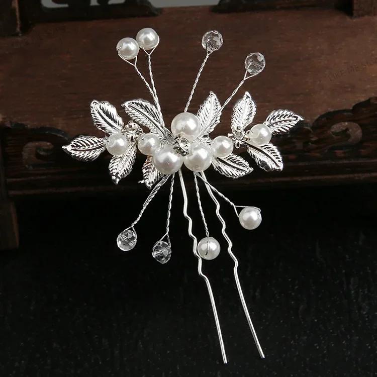 Pearl Flower Hairpin Side Comb Wedding Hair Accessories Leaf Shaped Tiaras Bride Insert Hair Clip Jewelry Fashion Headwear