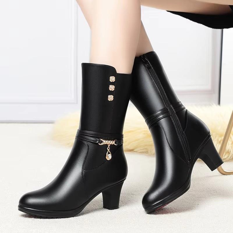 6cm Fashion Comfortable Mid Calf Soft Leather Boots Women Shoes Winter 2025 Med Block Heels Boots Warm Fur Plush Botas for Mom
