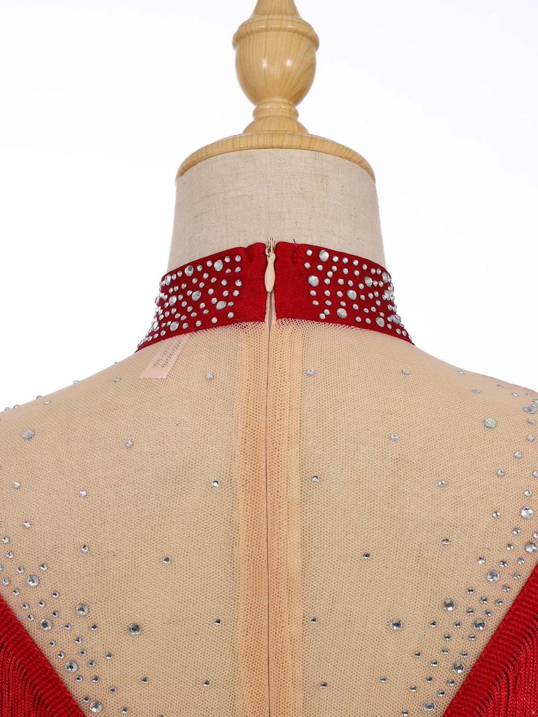 Girls Sparkling Rhinestones Dance Leotard Mock Neck Sleeveless Invisible Zipper Back Sheer Mesh Skirted Bodysuit