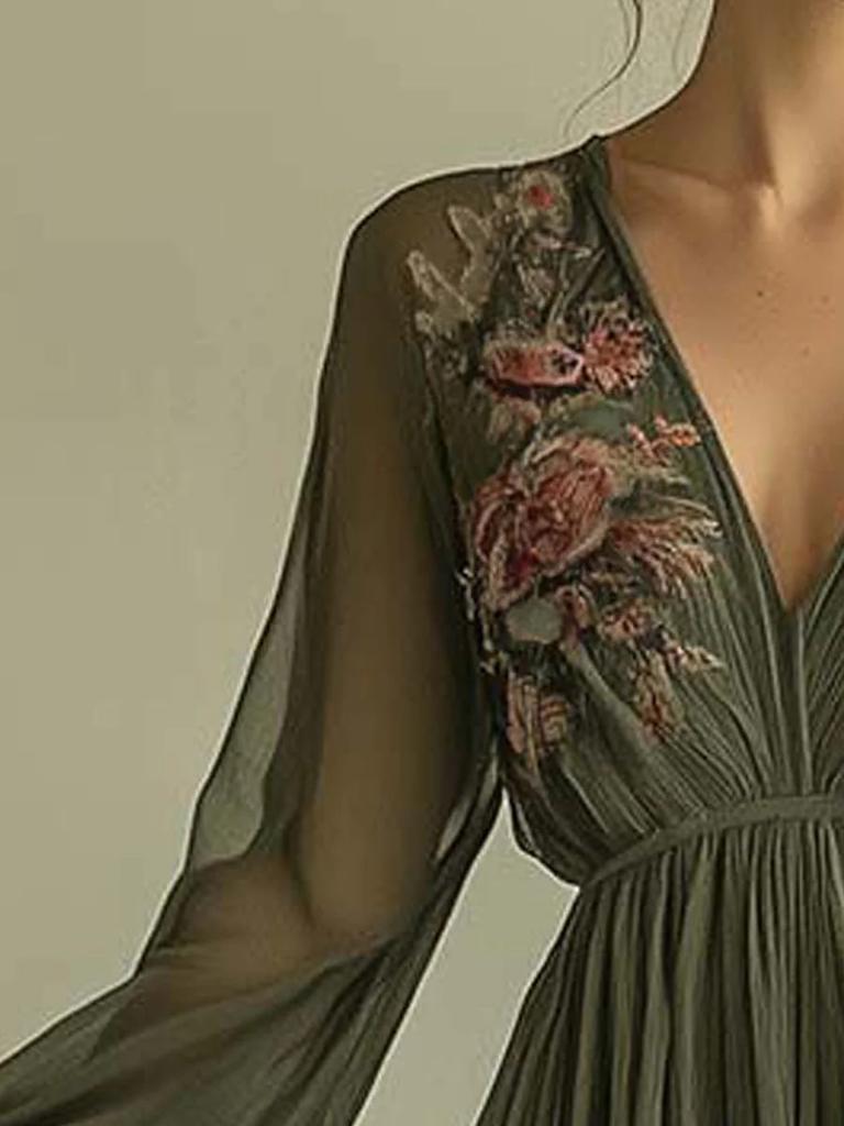 Women's Digital Printed Long Sleeve V-Neck Maxi Dress