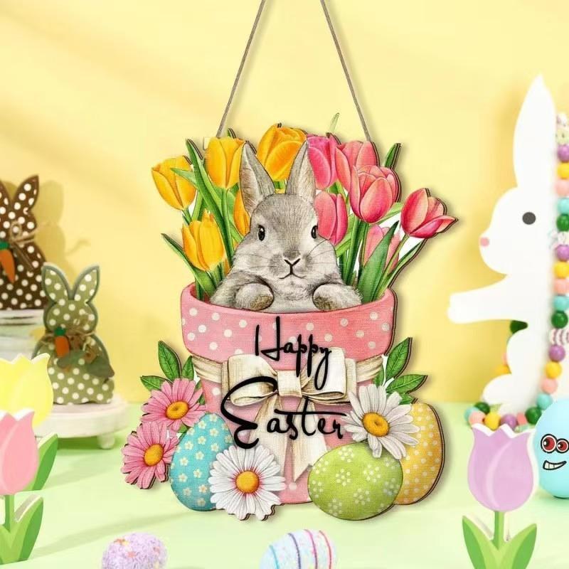 1PC 2025 Creative New Products Spring Flowers Rabbit Party Welcome Easter Wooden Listing