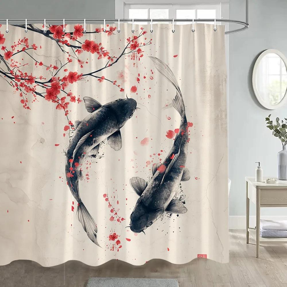 Japanese Style Flowers Bird Shower Curtain Beautiful Girl Red Floral Abstract Mountain Ink Art Landscape Decor Bathroom Curtains