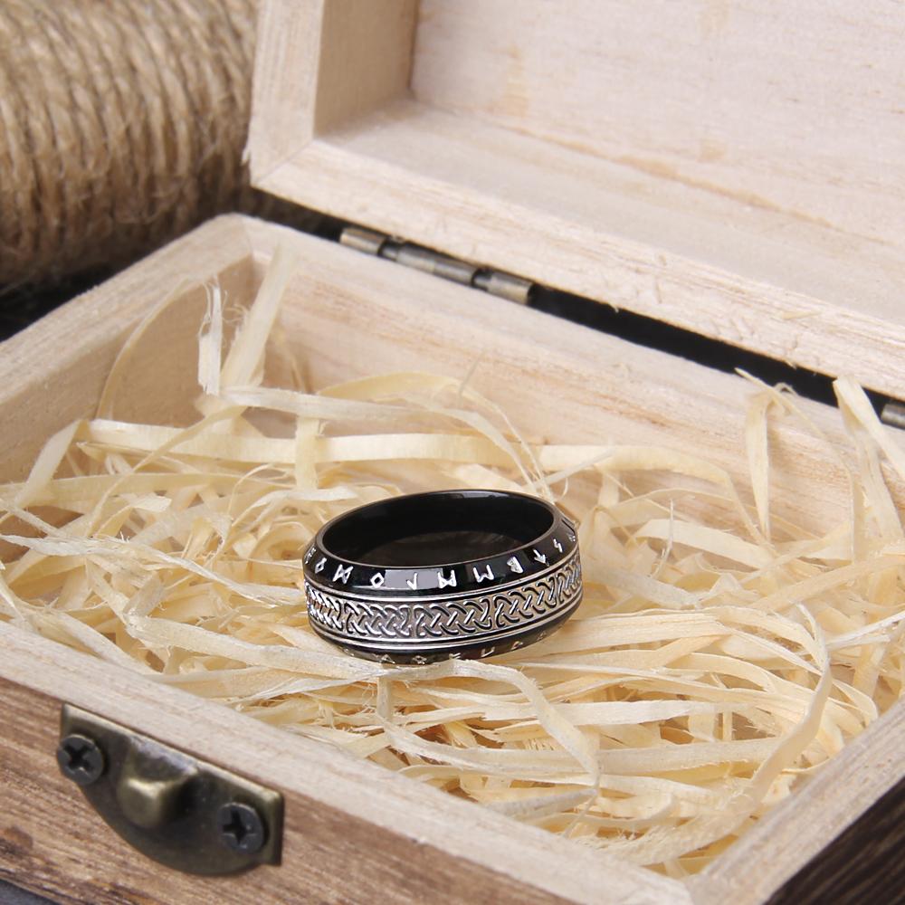 Wikinger Rune Edelstahl Keltischer Ring Nie Verblassend Glatt Modeschmuck mit Holzbox Nordisches Amulett Geschenk