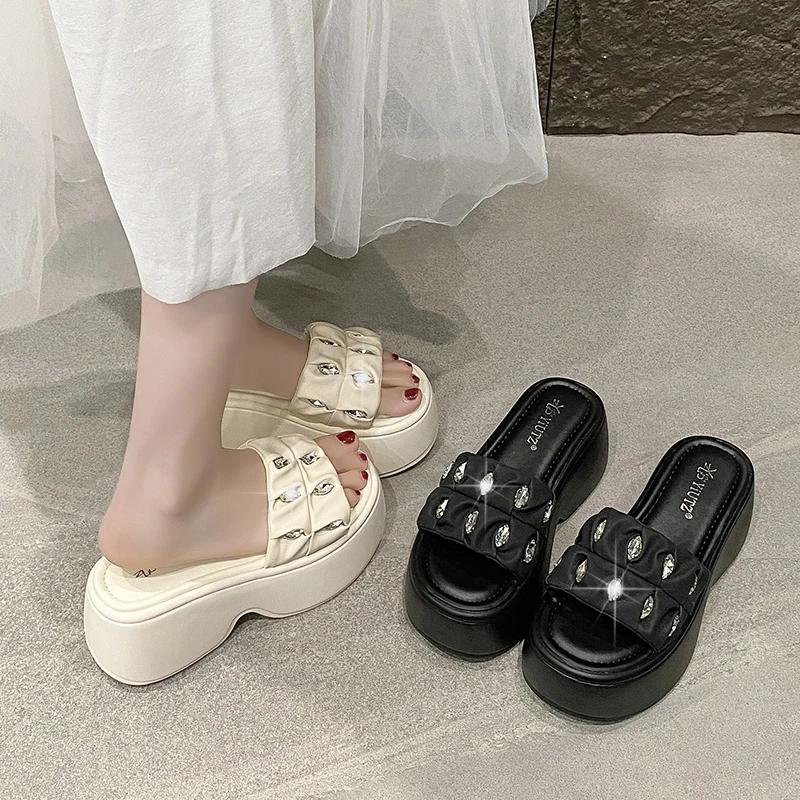 Fashion 8CM Women's Thick Bottom Slip-On Slippers New Summer Crystal Sandals Outdoor Chunky Flip Flops Casual Beach Slides Zapatos Mujer