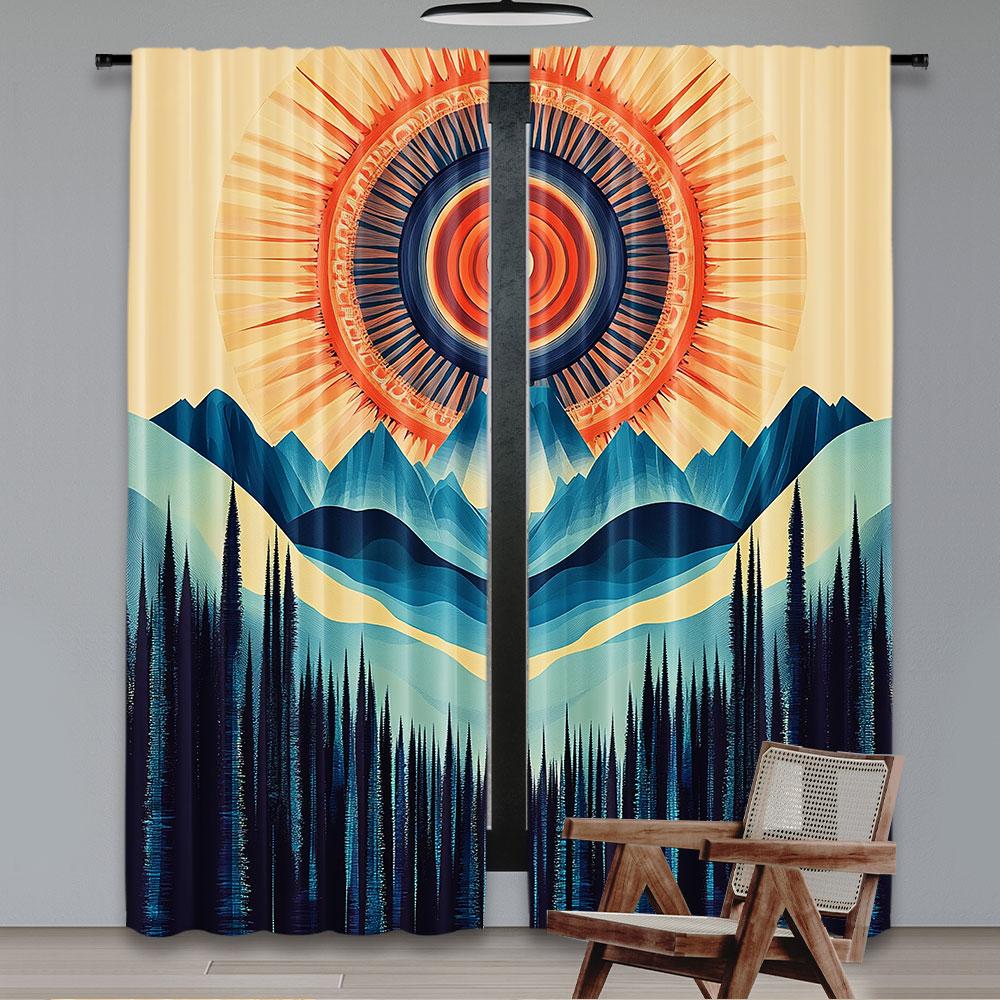 2Pcs Boho Curtain Mid Century Wilderness With Mountain Scenery Forest And Sun For Bedroom Living Room Dining Room And Bathroom A