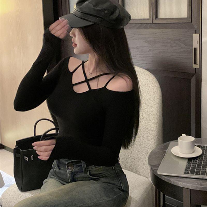 Women's Off-Shoulder Cross Strap Long Sleeve Slimming Top