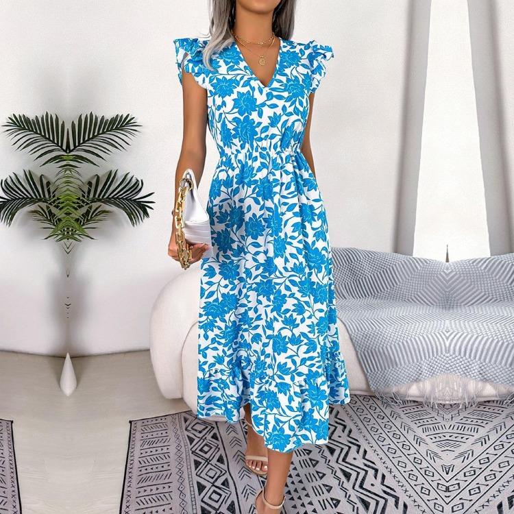 Summer Women Floral High Waist Sleeveless V Neck Holiday Dress Wood Ear Edge Design