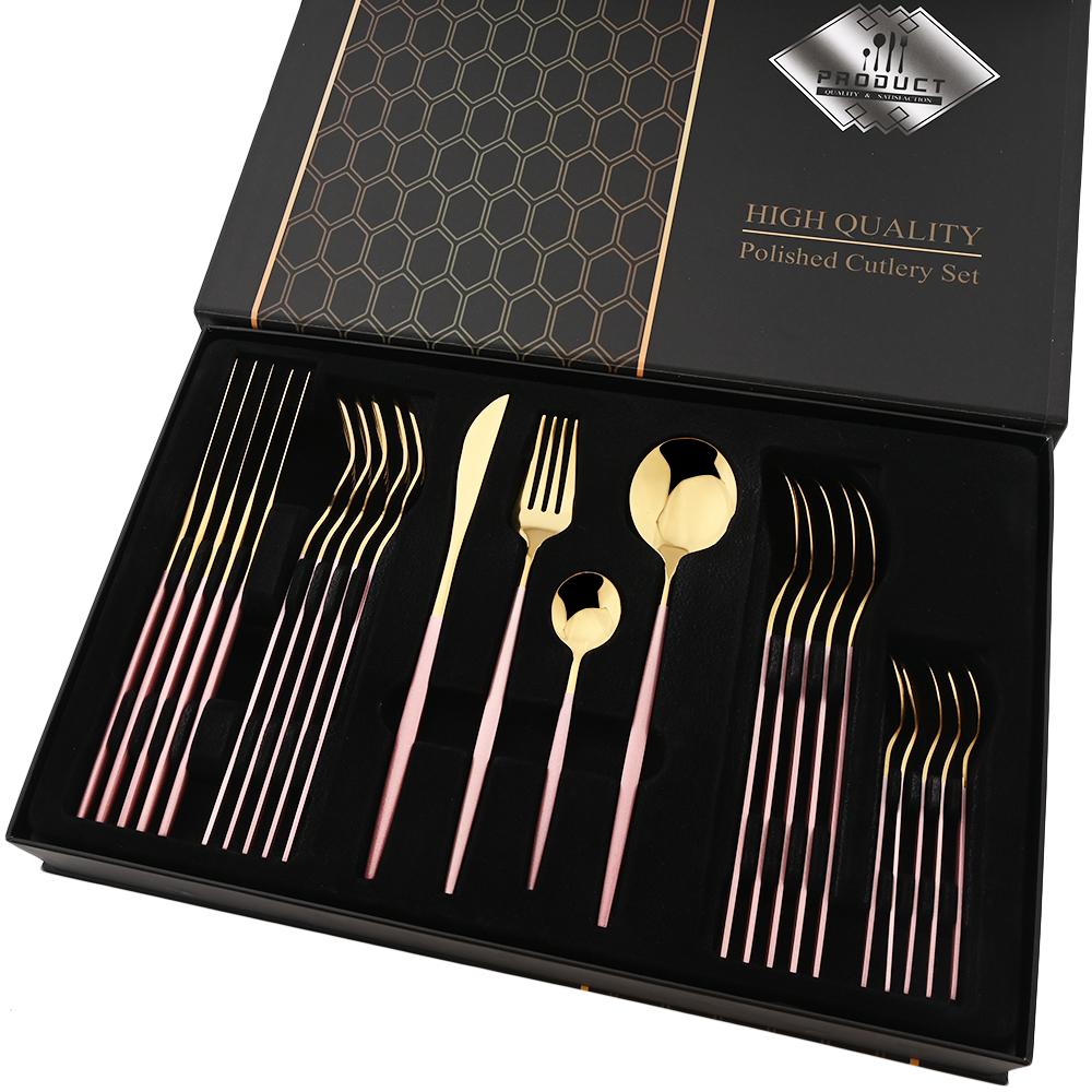 JANKNG Gold 24ks Sada zrcadlového nádobí Sada příborů z nerezové oceli Nůž Vidlička Lžíce Sada příborů Západní luxusní dárková krabička Nádobí