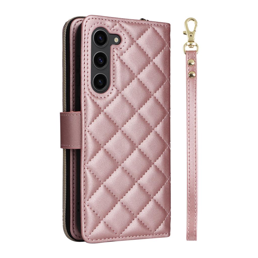 For Samsung Galaxy S23+ Case Rhombus Zipper Wallet Leather Phone Cover with Straps