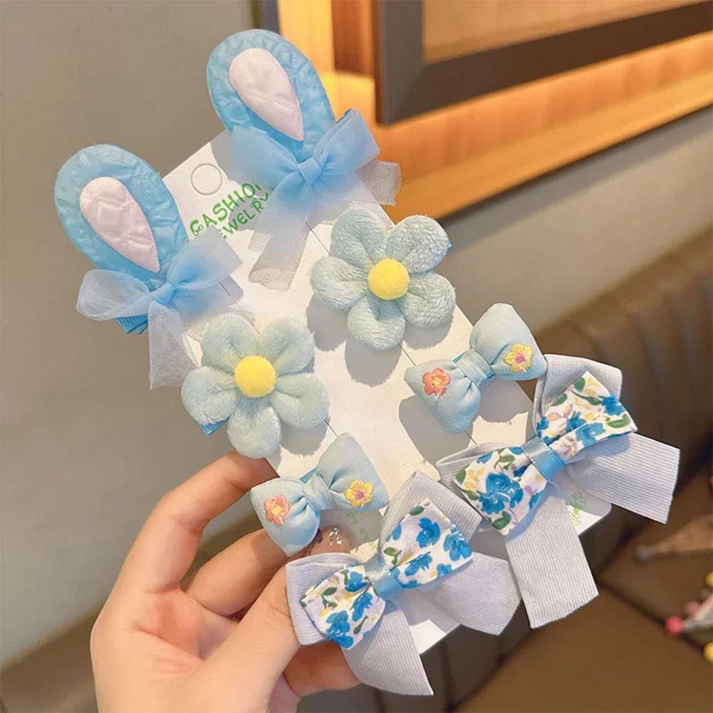 8pcs/set Cute Cartoon Rabbit Ear Hairpin Fabric Embroidery Flower Bowknot Hair Clips Girls Headwear Hair Accessories