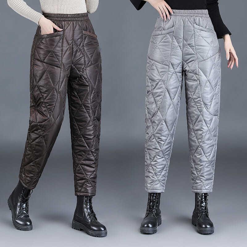 Autumn and Winter Plus Size Women's Thickened Padded Diamond Lattice Light Elastic Waist Hundred Solid Colour Warm Loose Trousers