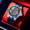 Roger Serie Skelett-Zifferblatt Uhr mit Regenbogen-Kristall-Lünette Leuchtzeiger Sportliches Silikonarmband Herren