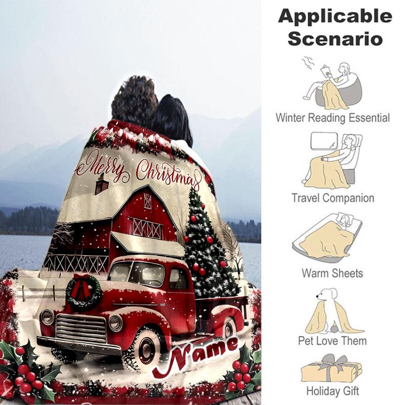 1PC Custom Name Christmas Truck Scene outdooor Flannel blankets Throw Blanket All-Season Throw Gift Bedspread for Couch, Bed, Camping Holiday Birthday