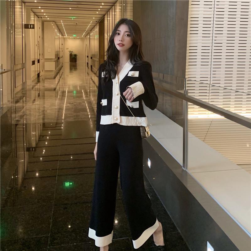 2024 Spring/Autumn Hepburn Style Women's Knit Cardigan & Wide-Leg Pants Set