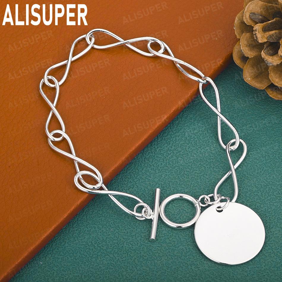 925 Sterling Silver Simple Round Disc Side Chain Elegant Bracelet Gift Jewelry 20CM