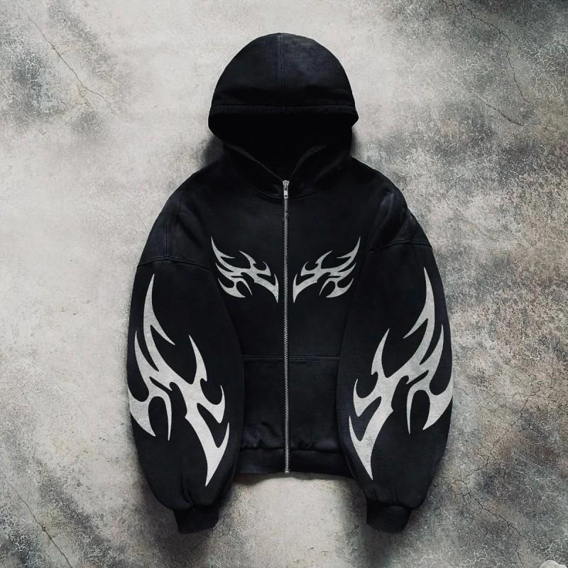Sudadera con capucha y cremallera extragrande para mujer 2026 Streetwear Estampado Vintage Corte holgado Manga larga Sudadera con capucha