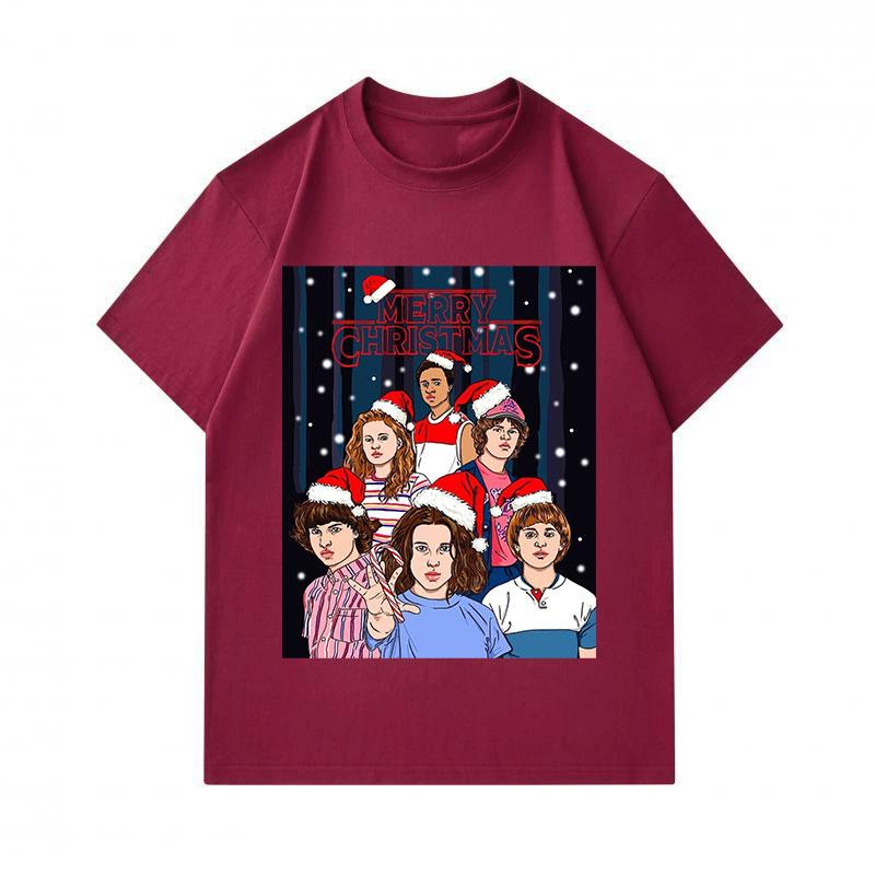 Men's 100% Cotton Crew Neck Short Sleeve T-Shirt, Funny Stranger Themed Christmas Graphic Tee with Santa Hat Xmas Pattern, Casual Soft Daily Wear Tops
