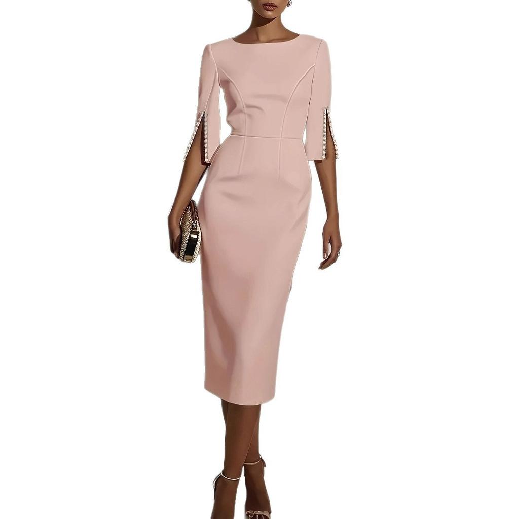 European and American New Solid Color Elegant Commuter Bead Slim Hip Dress Medium and Long Dress Women