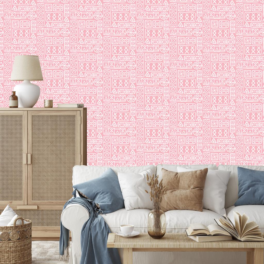 Polynesian Geometric Pattern Wallpaper Coral and White 50x1000