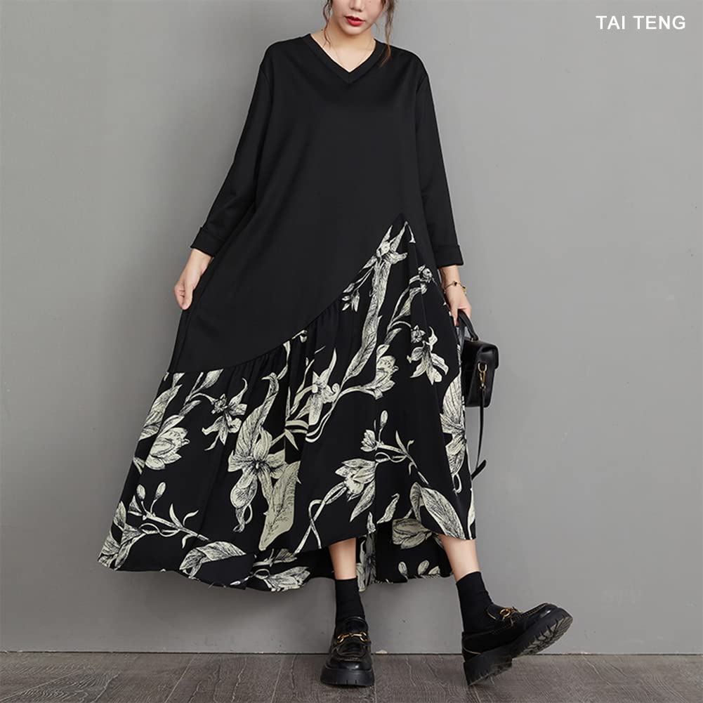 Maxi Long Floral Long One Loose Body Autumn Dress [TAITENG] Dress, Sleeve, Pattern, Switching, V-Neck, Length, Piece, Autumn, Oversized, Dress, Tunic,