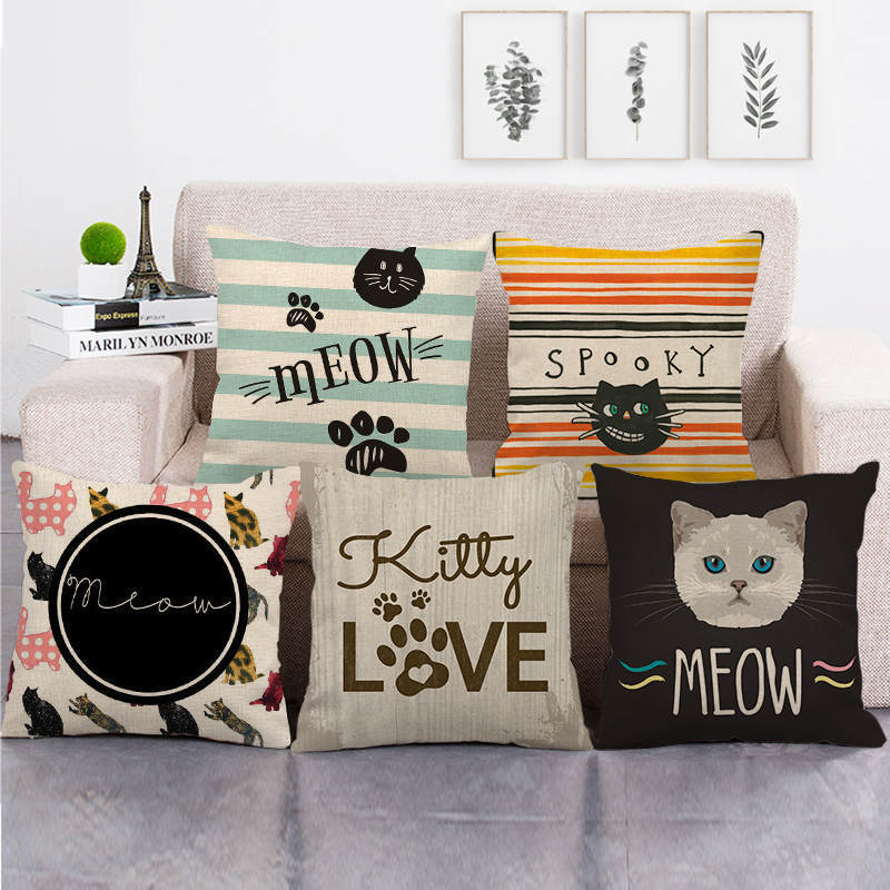 Tinika Chen Unisex Cats And Letter Patterns Digital Printing Short Plush Pillow Covers For Car Sofa Office Cushion Cover Home Goods
