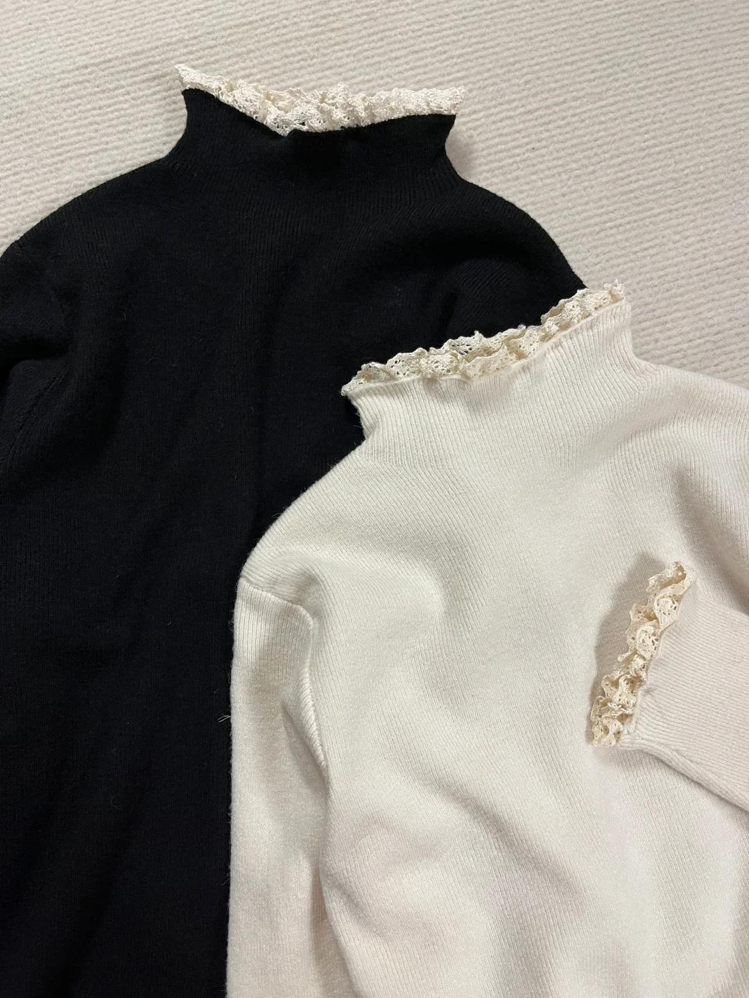 

Однотонный кружевной трикотажный свитер с полувысоким воротником, женский осенне-зимний, с темпераментом, утолщенный, с краем «деревянное ушко», свободный, с длинными рукавами, для ношения под низ L чёрный