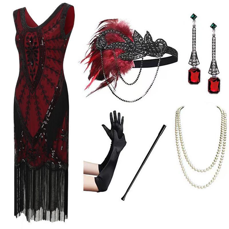 1920s Retro Sequin Tassel Plus Size Black Dress, V-Neck Party/Banquet Wear