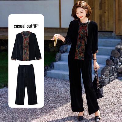 Conjunto Informal de Dos Piezas de Terciopelo Estilo Chino para Mujeres de Mediana Edad QianLian