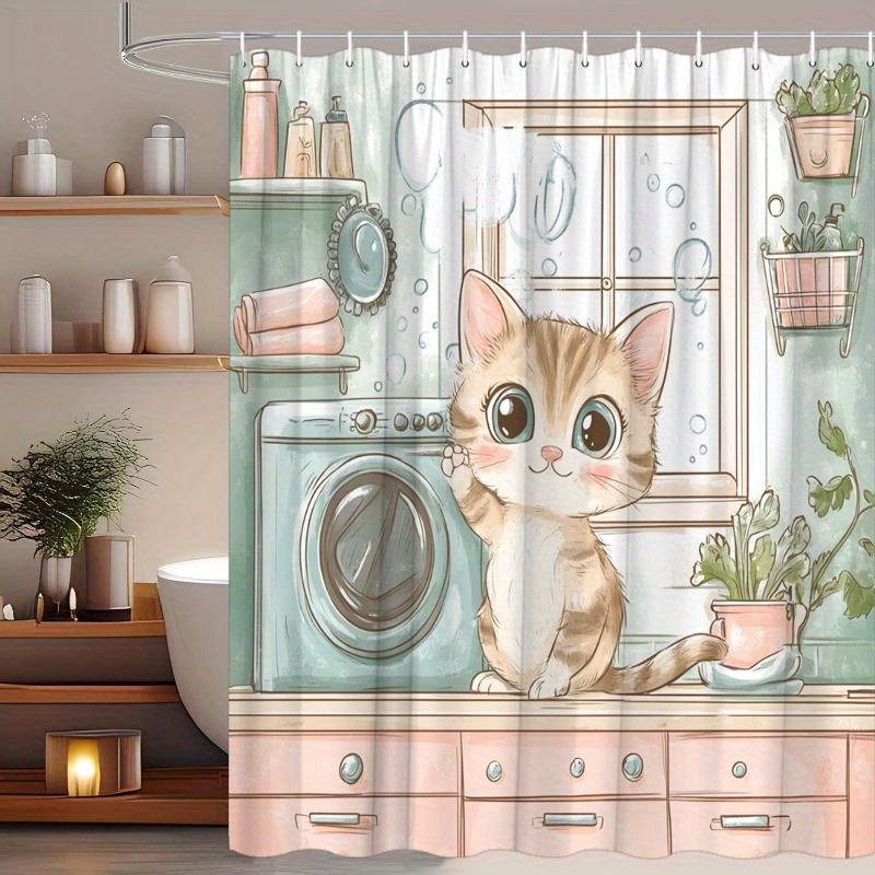 

1 шт. Шторка для душа с котенком, игривый полосатый котенок моется в раковине в винтажном стиле, в уютной кухне в пастельных тонах 90X180cm