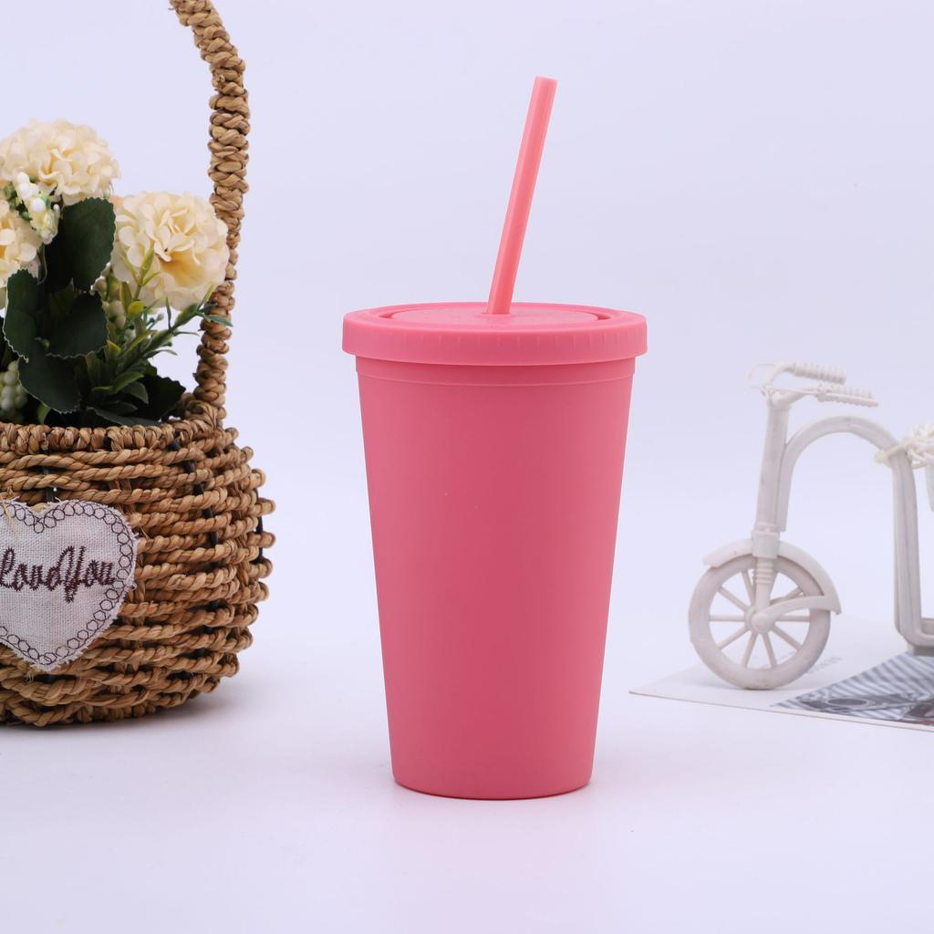 16/24 oz doppelwandiger Plastikbecher mit Strohhalm, Kaffeebecher, gefrosteter Plastikbecher, handlicher Wasserbecher, leicht zu tragen, Strohhalm, Wasserkocher, Sportflasche