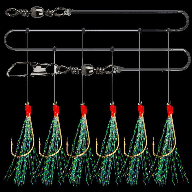 In-Stock Hand-Tied Sabiki Rigs: 6-Barbed Rainbow Silk Golden Hook Lures