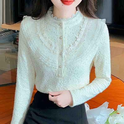 Mode Neue 2024 Winter Langarm Stehkragen Kräuselte Schlank Apricot Samt Spitze Bluse Shirt Frauen Tops Blusen Shirts J812