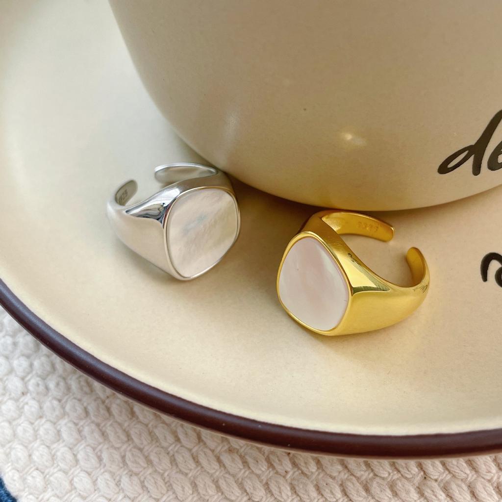 925 Sterling Silver Unique Shell Stone Ring For Women Jewelry Finger Adjustable Open Vintage Gold Ring For Party Birthday Gift