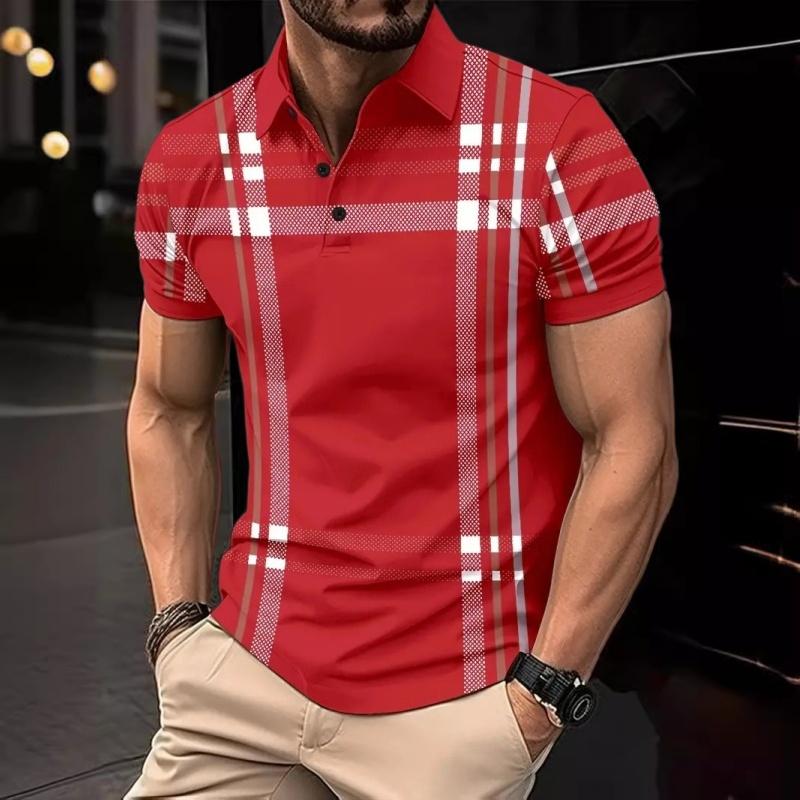 Summer Men's Printed Checkered Striped Polo Shirt Zipper Casual Sports Polo Shirt