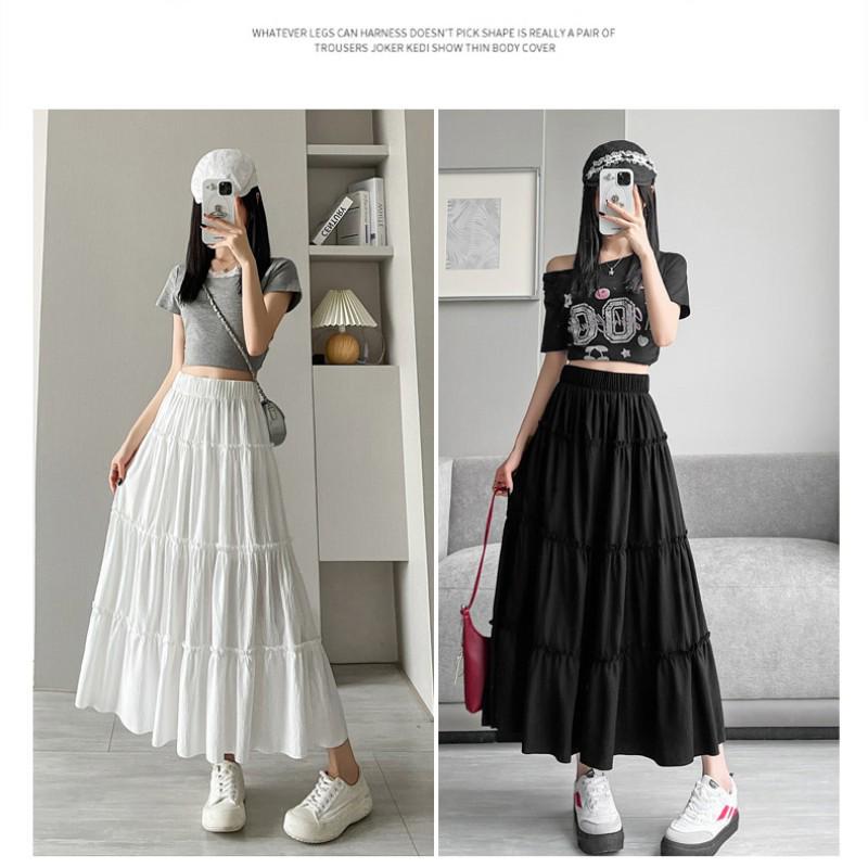 Korean Style Puffy White A-Line Skirt for Women - High Waist, Mid-Length, Spring/Summer 2025