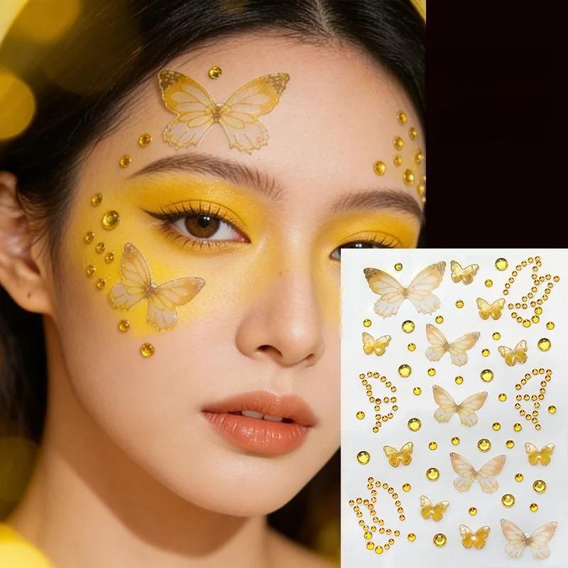1Sheet Color Butterfly Face Stickers Children Eyes Facial Makeup Butterfly Face Gem Decals Crystal Round Diamond Tattoo Stickers