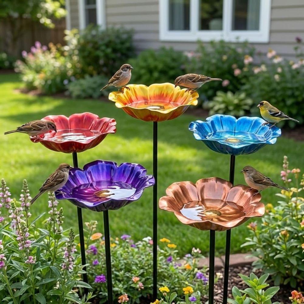 Handmade Metal Bird Bath Stake Weather Resistant Detachable Outdoor Bird Bath Iron Art Vintage Style Animals Drinking Cup